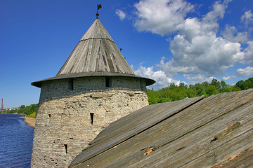 Fototapeta premium medieval castle and green trees under blue sky with clouds