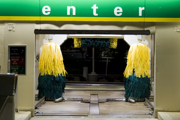 Entrance to an automatic car wash at night