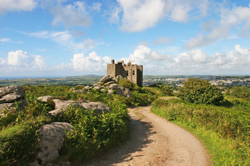 Road leading to a castle against a dramatic sky