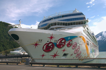 Cruise shipped docked at pier in Skagway, Alaska