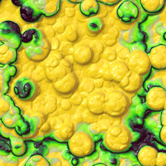 Organic matter under microscope in yellow and green
