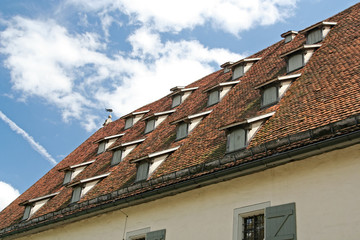 The tiled roof of an old building in Munich, Germany