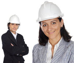 Two young engineers a over white background