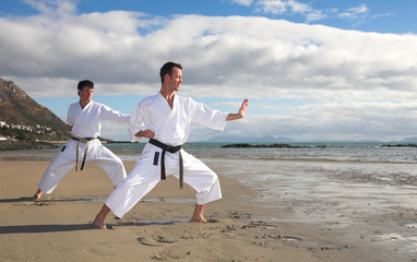 Young adult men with black belt practicing a Kata on the beach  - 3738741