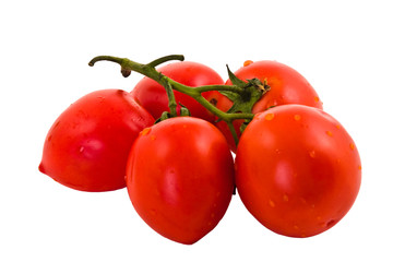 Three tomatoes on a white background in drops of water.