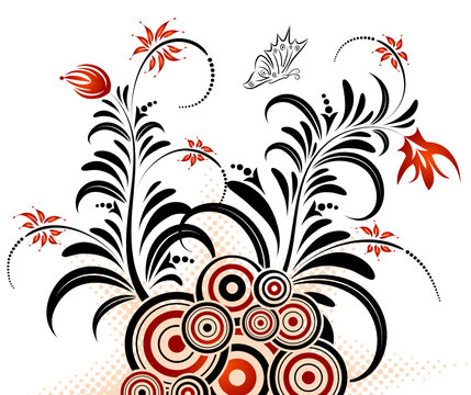 Abstract floral chaos with circle & butterfly, vector