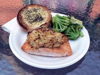 salmon stuffed with crabmeat with brocolli on the side