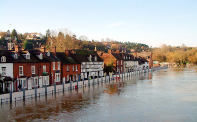Floods at Bewdley with the defence barriers up