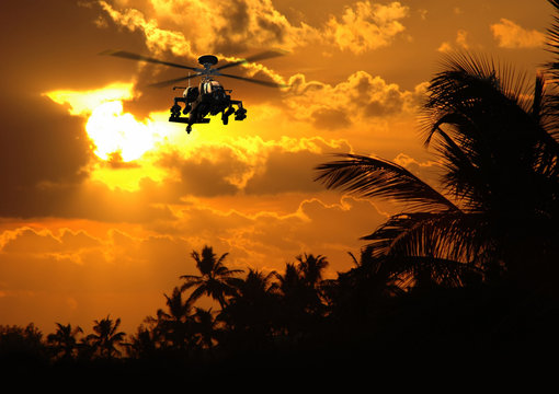 Photorealistic 3D render of Apache helicopter at sunset.