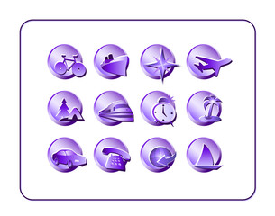 Travel Icon Set, Purple. Digital illustration.