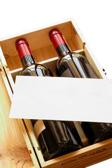 Wood gift box with two wine bottles with clipping path