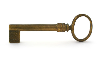 gilded antique key with a smalll shadow in front against white