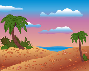 Fototapeta na wymiar Summer scene, beach, palms, vector