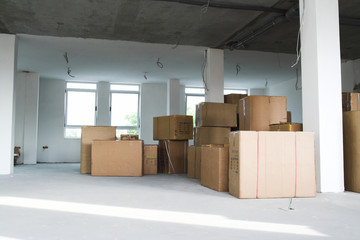 Warehouse building. Storage boxes in industrial warehouse