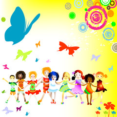 Group of kids with flowers and butterflies