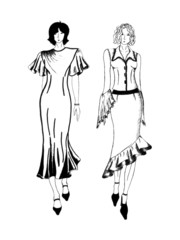 Two models is black ink drawn illustration.
