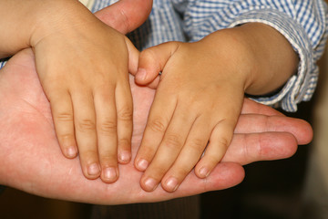 One man's palm and two children's palms.