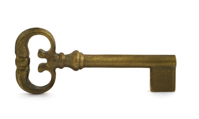 gilded antique key with a smalll shadow in front against white