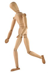 running wooden figure isolated on pure white background