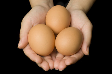 Fototapeta na wymiar Hands holding three eggs isolated on black background..