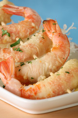 Tempura Jumbo Shrimp skewer on table with fried rice pasta