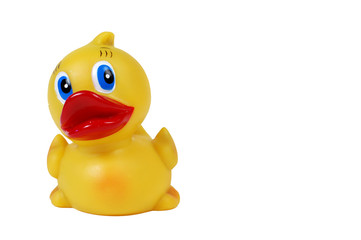 A close-up of a rubber ducky bath toy, isolated on white.