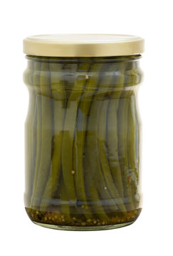 Jar of Green Marinated Peas in shells; isolated, clipping path