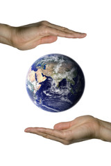 two hands holding the beatifull blue earth (vertical)