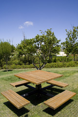 a perspective of a wooden table on the park