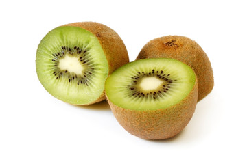 Kiwi fruit, halved, on white.
