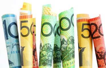 Australian bank notes, with white background.