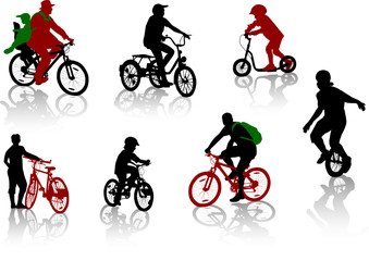Silhouettes of people on bicycles and a scooter