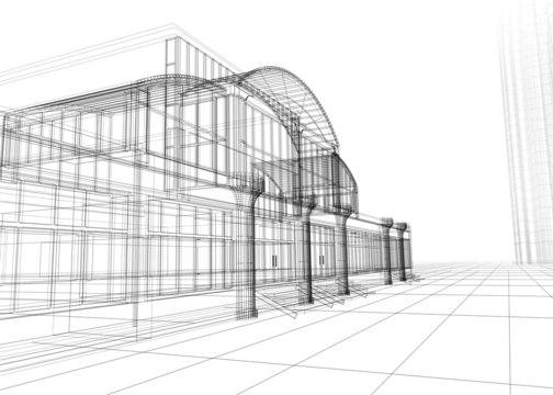 3D wireframe of office building. Concept - modern architecture