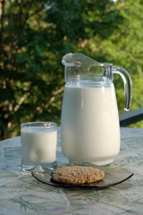 A cookie and a glass of milk on the terrace