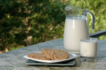 Cookies and milk on the terrace in the evening