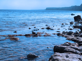 Fototapeta na wymiar blue sky and rocks on a beach of sea