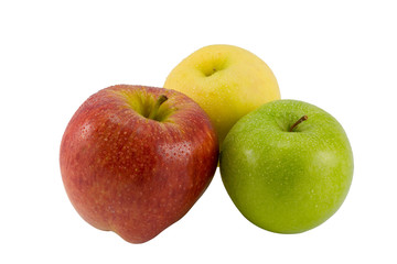 the three full apples with water drops on white background