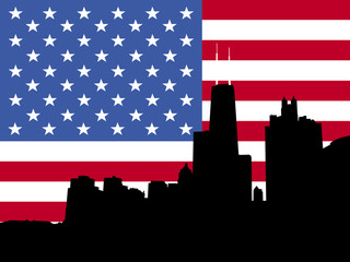 Chicago skyline with American flag