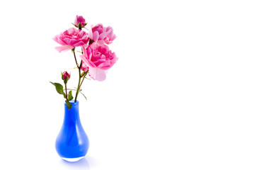 Little blue vase with pink roses