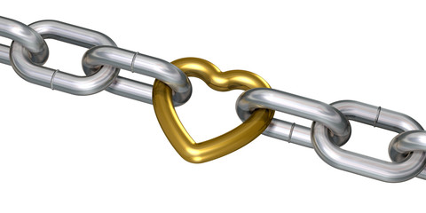 Obraz premium Golden heart linked with steel chains (3d render)