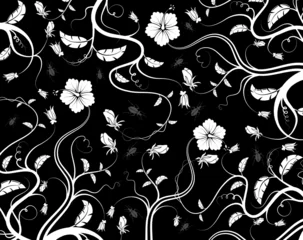 Papier Peint photo autocollant Fleurs noir et blanc Motif floral abstrait avec bug, illustration vectorielle
