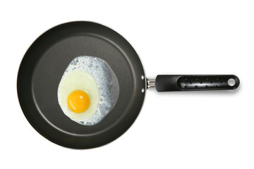 A single egg frying in a pan isolated over white