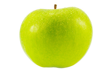 the full green apple with water drops isolated on white