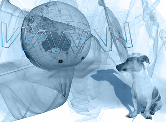Blue background / design with a globe, dog and WWW