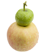 Small green and big pink apples with drops of water 