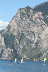 Windsurfers on Lake Garda, Italy.