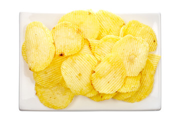 Potato chips on a plate isolated on white background