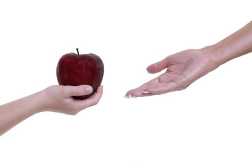 A young child gives an apple to the teacher