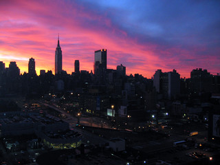 Pink sky over New York city