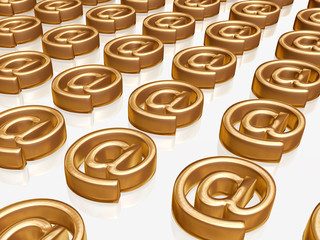 many 3d golden email signs on white background